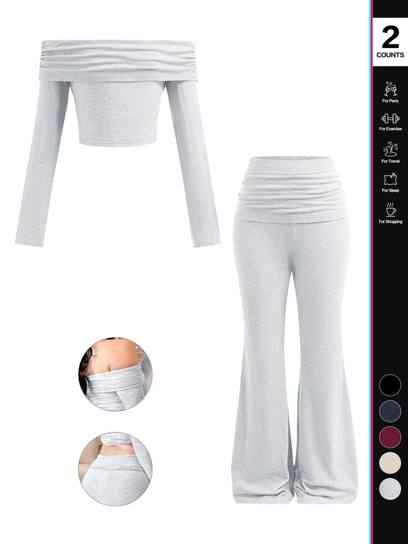 2026 Women's Solid Color Long-Sleeve Crop Top and Flared Pants Loungewear Set, One-Shoulder Top and Flared Pants, Women's Pajama Set