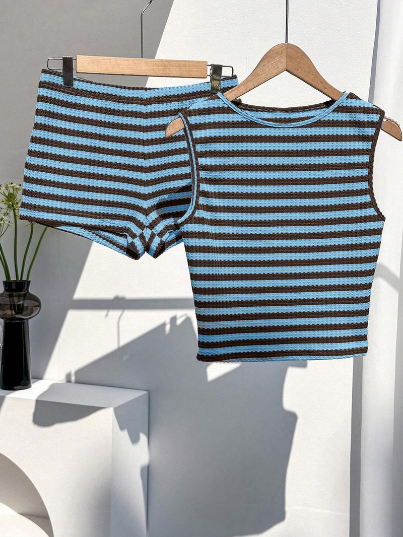 Two-piece Set Women's Striped Pattern  Tank Top & Shorts, Casual Sleeveless Round Neck Top & Shorts for Summer, Ladies Clothes for Daily Wear, Knitted Shorts Set