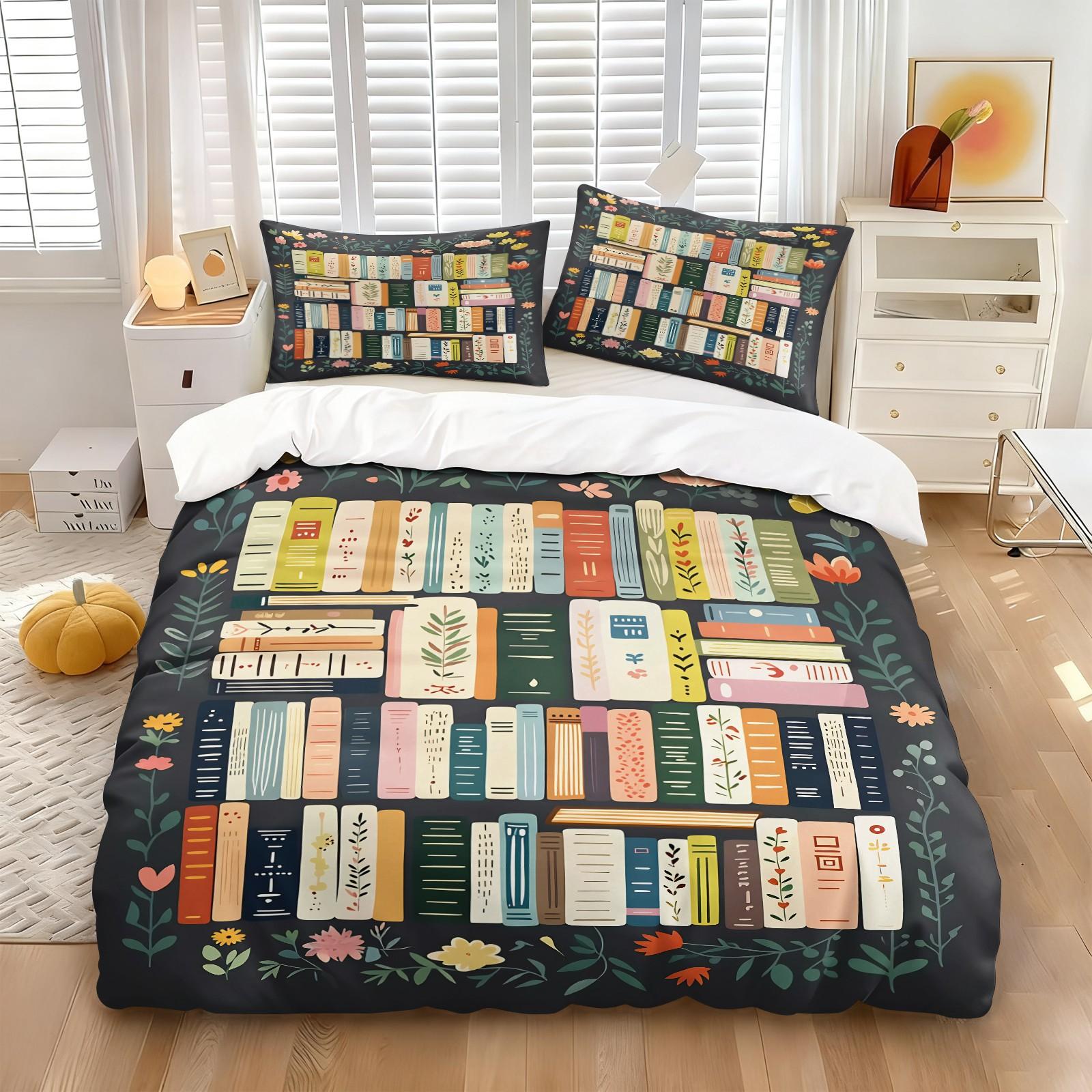 Aesthetic Bookworm Duvet Cover Set, Soft Breathable Microfiber Bedding, Colorful Bookshelf Flower Print Comforter Cover, Bedroom Decor, Perfect Gift for Book Enthusiasts, Includes 1 Quilt Cover & 1-2 Pillowcase