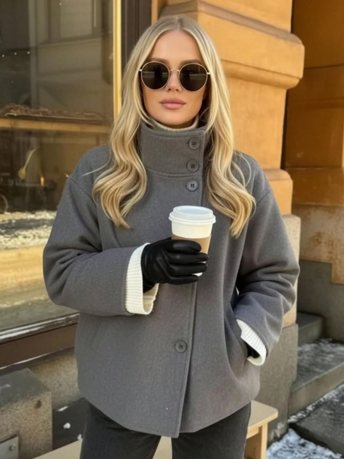 Women's Fall Casual Elegant Fashion Loose Simple Stand Collar Jacket, Long Sleeve Button Closure, Medium Length, Solid Pattern, Coats
