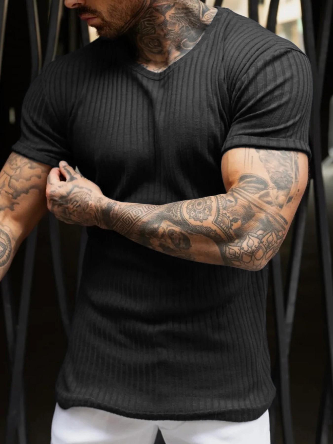 Men's Slim-Fit Ribbed Knitted Round Neck Short Sleeve T-Shirt, Casual Sport Plain Summer Daily Wear Top, Long Clothing