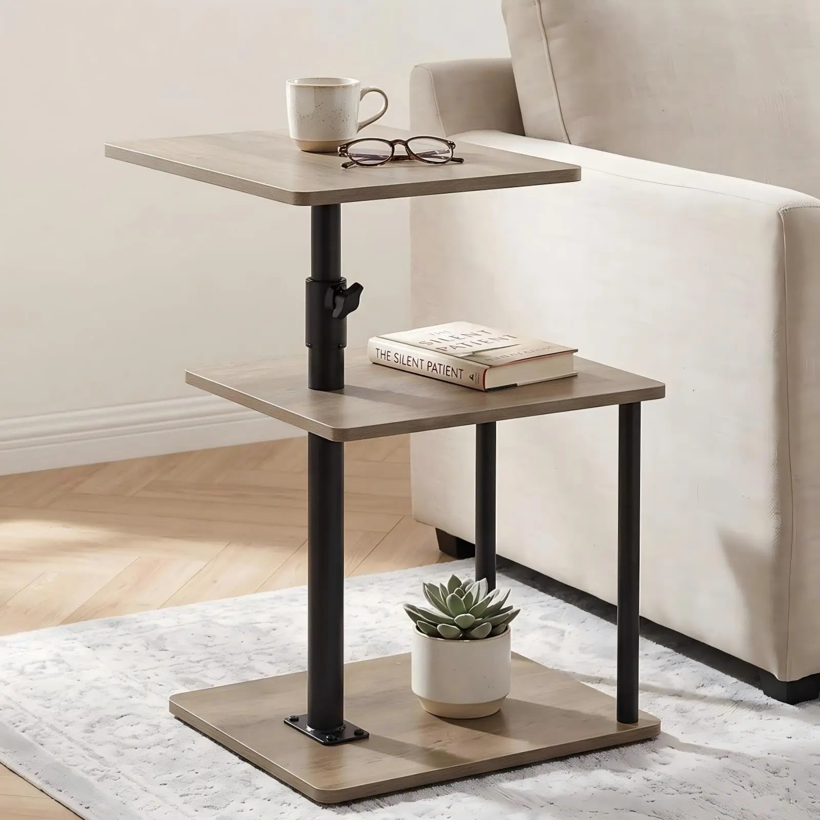 Towallmark C-Shaped Swivel Side Table with Storage Featuring Particle Board and Iron Pipe Construction, 360° Rotation, Adjustable Height with Three Levels, Ideal for Bedside or Couch Use