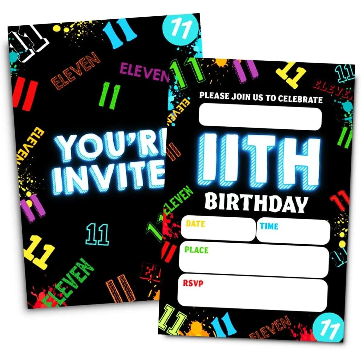 11th Birthday Party Neon Invitations Cards for Eleven Year Old Boys Girls, 30 Cards with 30 Envelopes