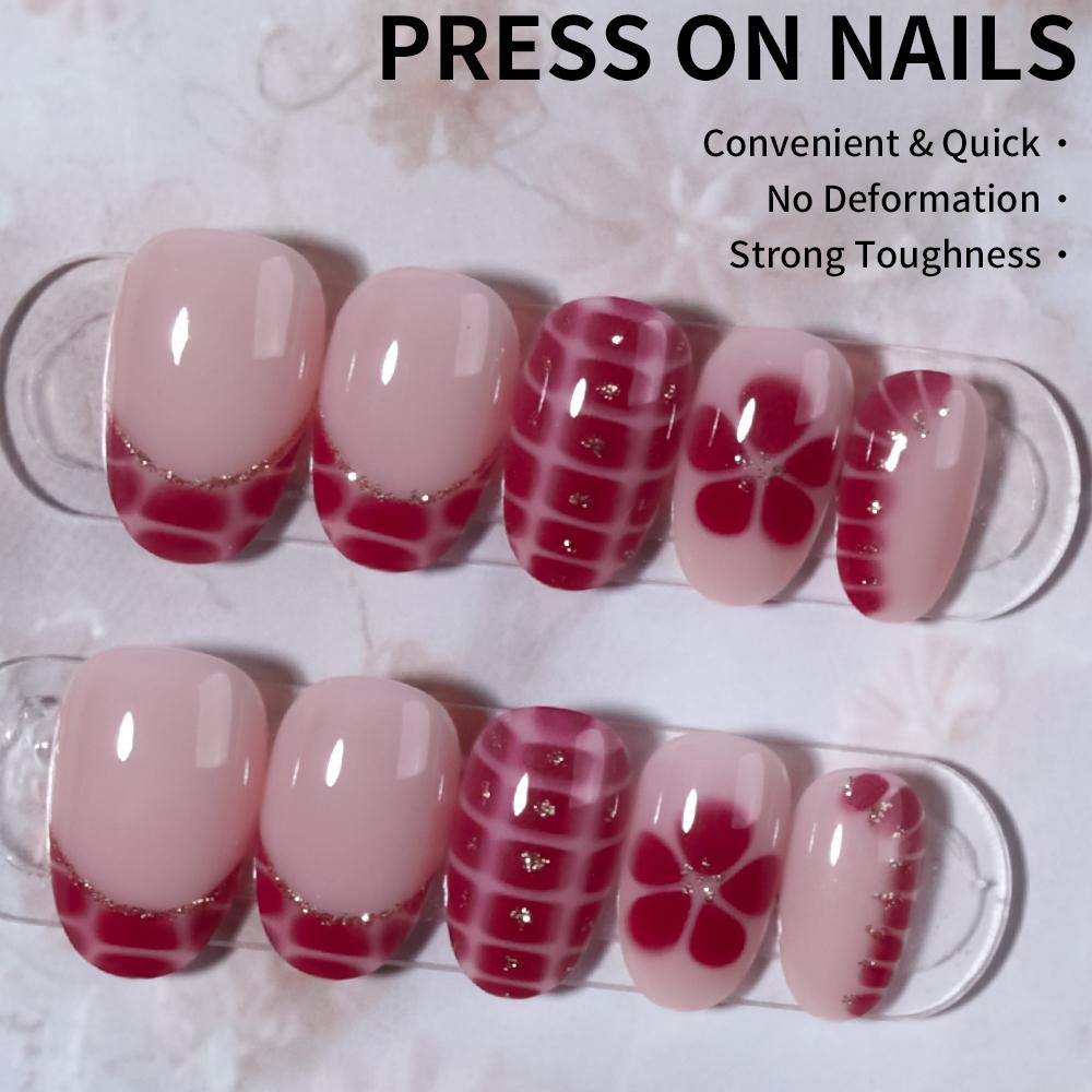 24pcs Short Oval French Tip Press-On Nails, Stick On Nails, Glossy False Nails, Fake Nails Set, Heart and Flower Design, Acrylic False Nails Set for Women, Includes Jelly Glue and Nail File
