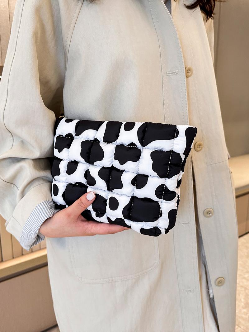 Retro leopard print design fashion cotton-padded makeup bag, Vintage vanity bag, small-scale pleated design casual simple versatile handbag, lightweight small change purse, and fashionable, suitable for daily commuting, shopping and travel, etc.