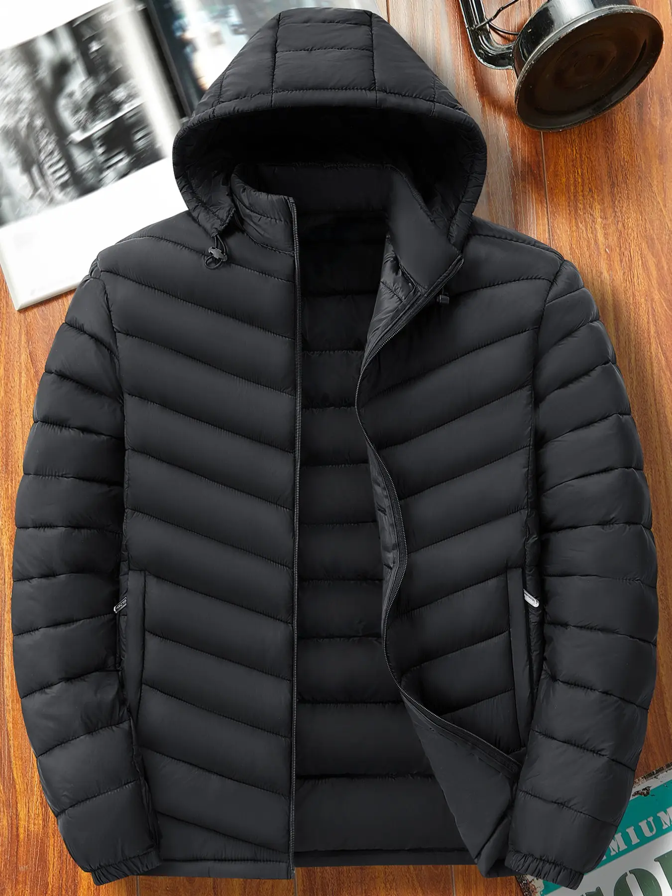 Men's Lightweight Hooded Cotton Jacket, Windproof and Storable, Fall Winter Outdoor Sports, Running, Casual Warm Coat