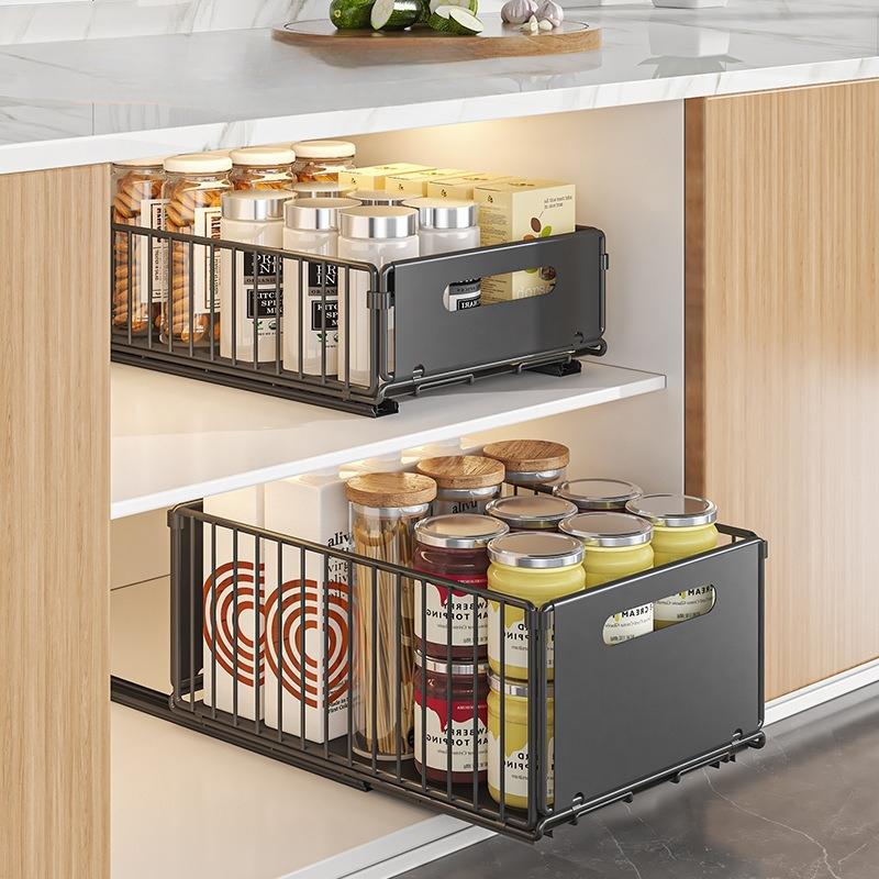 Expandable Cabinet Pull-Out Rack, Kitchen Drawer Storage Shelf, Home Cabinet Organizer for Spices Pots Bowls, Space-Saving Design