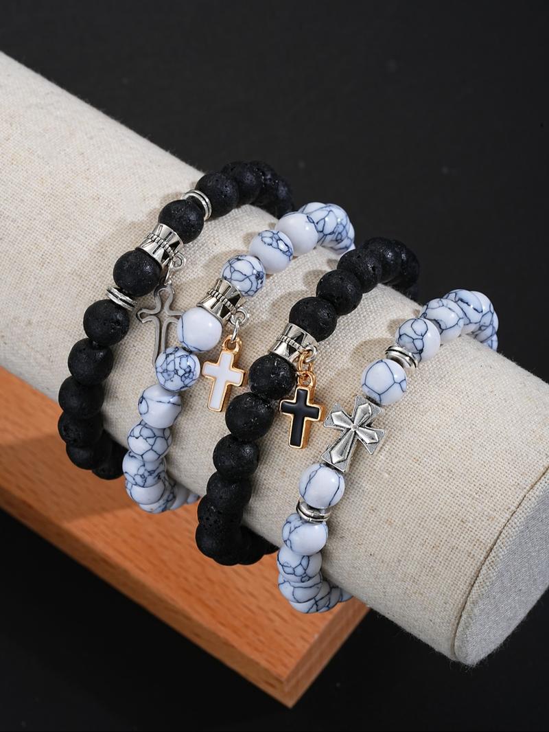 Men's Vintage Cross Charm Beaded Bracelet, Fashionable Jewelry for Party, Daily Clothing Decor, Trendy All-match & Exquisite Jewelry for Birthday Gift, Cross Beads Bracelet