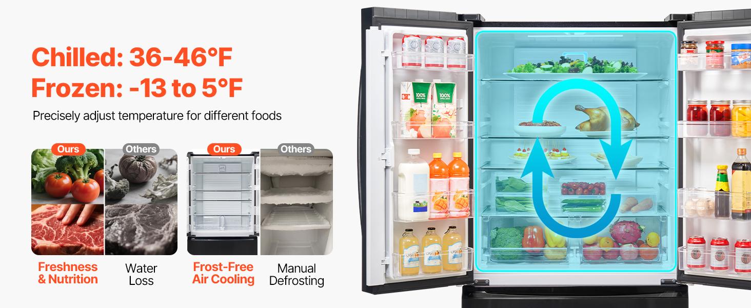 VEVOR French Door Refrigerator, 18.9 Cu. Ft. Kitchen Fridge, Counter Depth French Refrigerator with LED Display and 4 Casters, Frost-Free Bottom Freezer Refrigerators for Home Commercial Use, Black