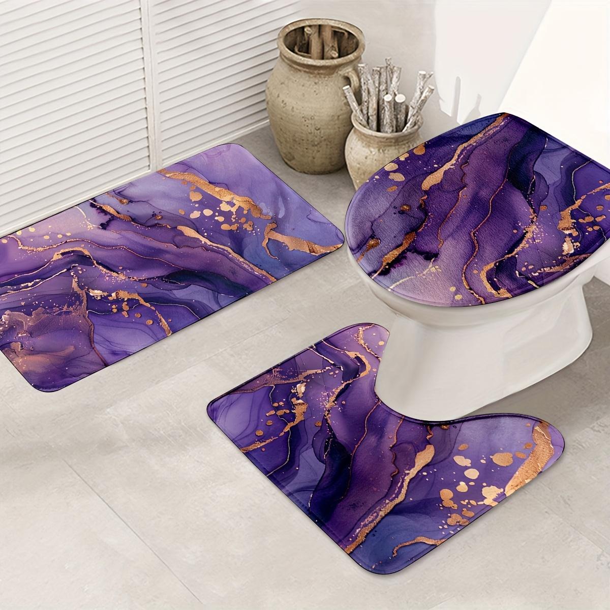 3pcs Purple Marble & Golden Flannel Bathroom Mat Set - Non-Slip, Soft, 100% Polyester, Modern Design - Includes U-Shaped Toilet Mat, Toilet Lid Cover & Rectangular Rug - Stylish Home Decor Accessories, Bathroom Deco