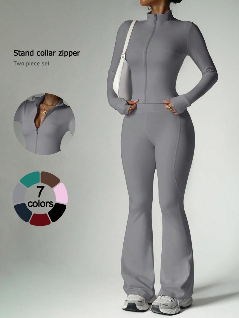 Two piece set women's loungewear set with long-sleeve zip-up jacket and wide-leg pants suitable for outings vacations airport travel Comfortable casual stylish pajama set for women with long sleeves and long pants