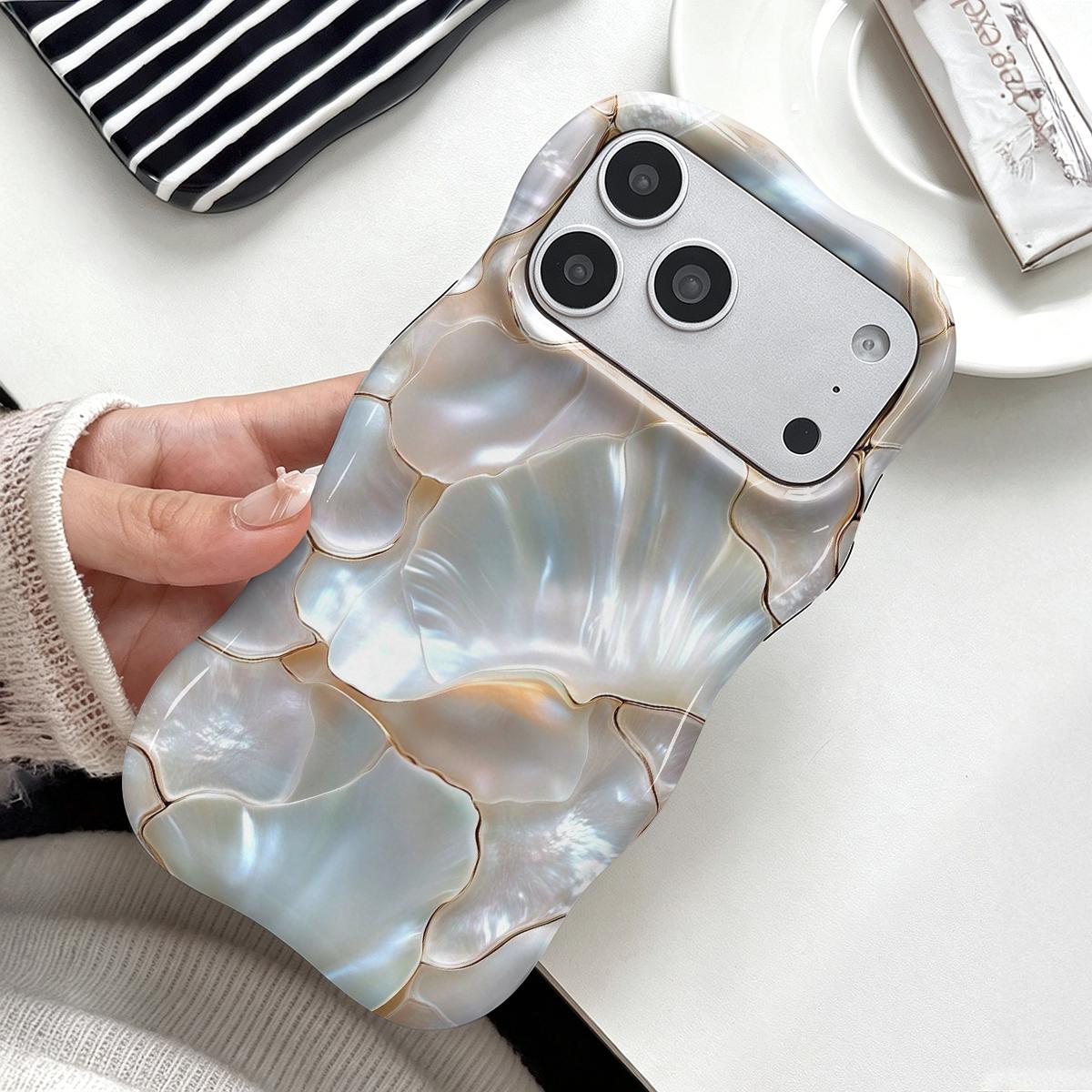 Shockproof Protective Smartphone Case for 6.1-6.7" Phones, Dual PC+TPU Blend with 2D Pearl Shell Ginkgo Leaf Golden Line Print, Marble Design, Camera Cover, Wavy Curved Raised Edges, Glossy Finish, Non-Slip, Easy Installation, Aesthetic Boost