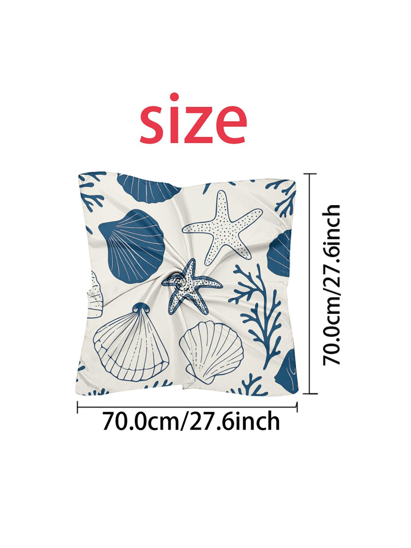 Blue Nautical Shell Star Satin Towel for Women, Beach Vacation Essential, Summer Coastal Accessory, Retro Hair Scarf, Square Scarf