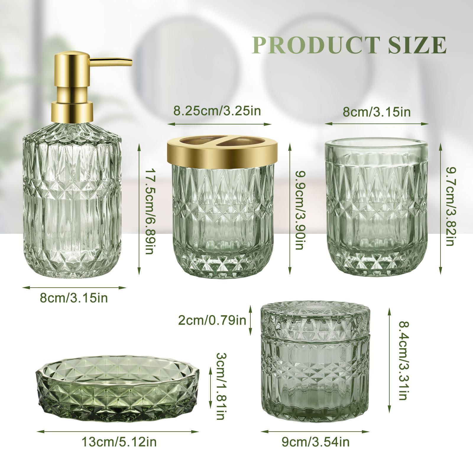 PLL Green Bathroom Accessories Set, 5Pcs Clear Glass Bathroom Accessories, Vanity Bathroom Decor, Hand Soap Dispenser, Soap Dish, Toothbrush Holder Set, Modern Countertop Organizer, Housewarming Gift Set