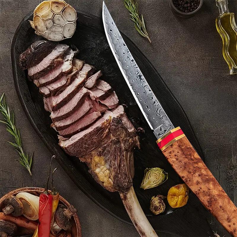 High quality Damascus steel kitchen steak knife with wooden sheath suitable for home kitchen camping barbecue, creative gift for men