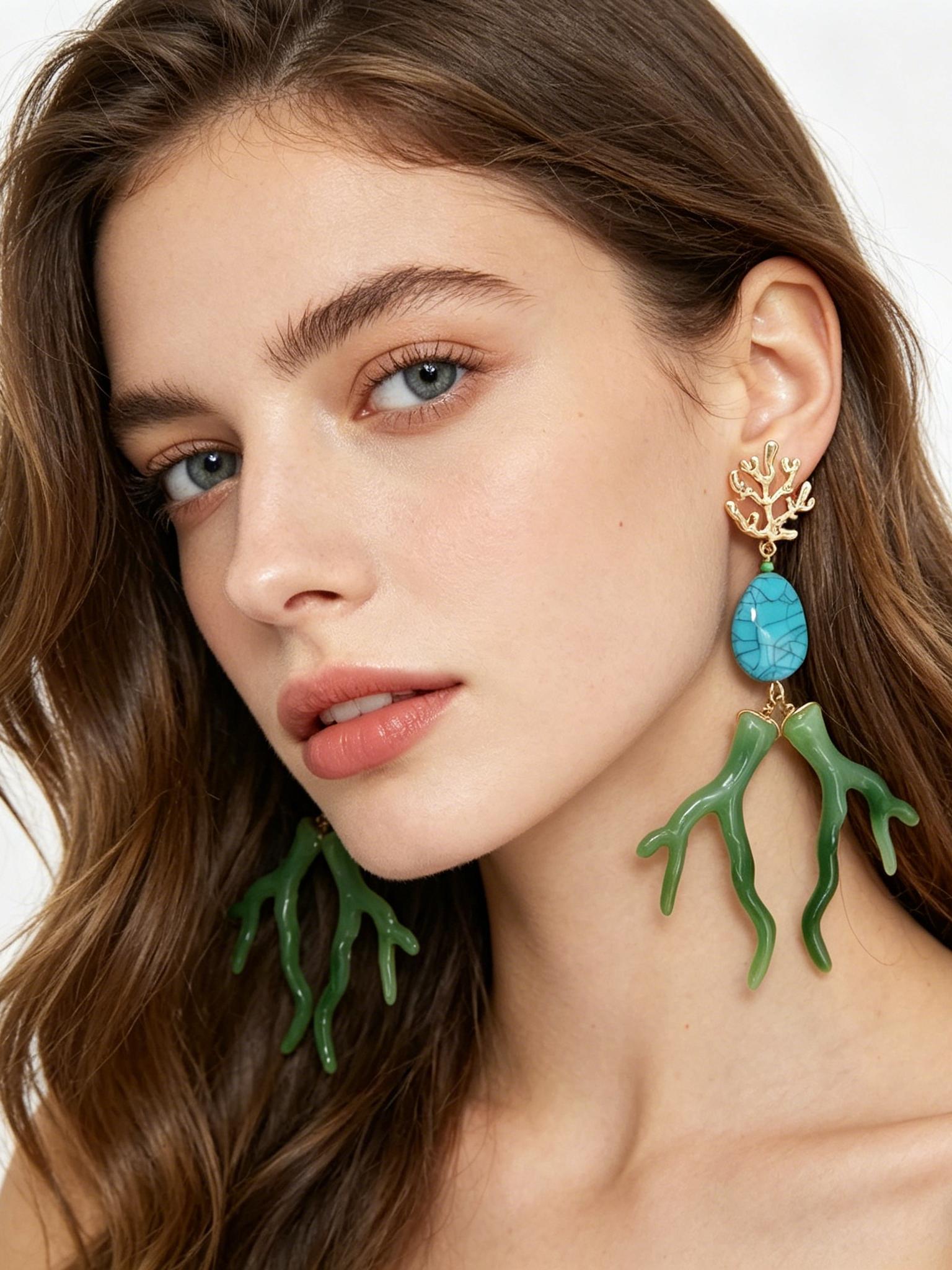 Boho Turquoise Geometric Acrylic Coral Earrings, Multicolor Fashion Alloy Ear Studs, Ocean Casual Vacation Style Jewelry