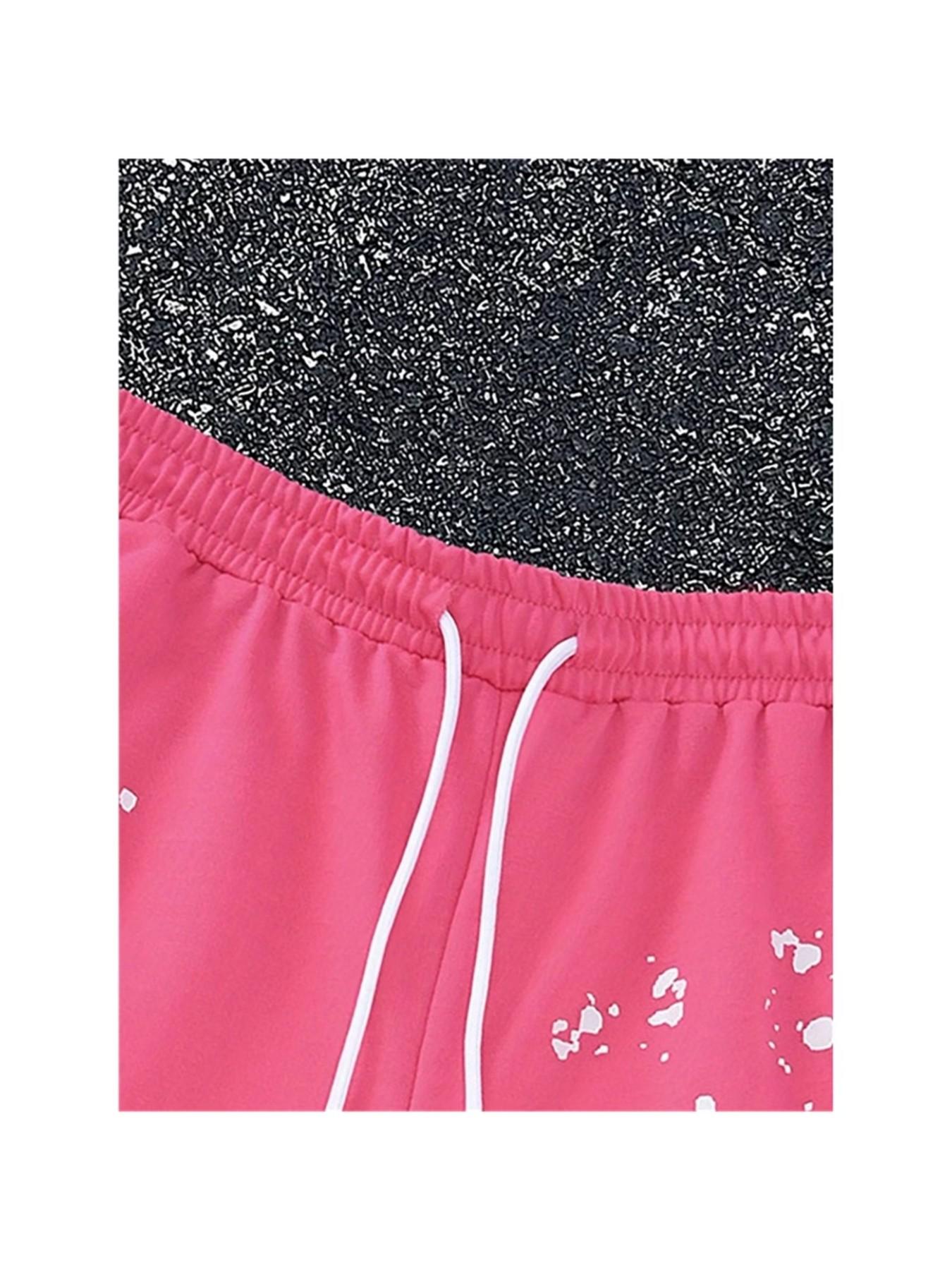 Men's casual shorts, letter flame print - bright pink, white letter flame pattern, elastic waistband, comfortable regular fit, suitable for casual wear, comfortable swim trunks | bright pink swim trunks