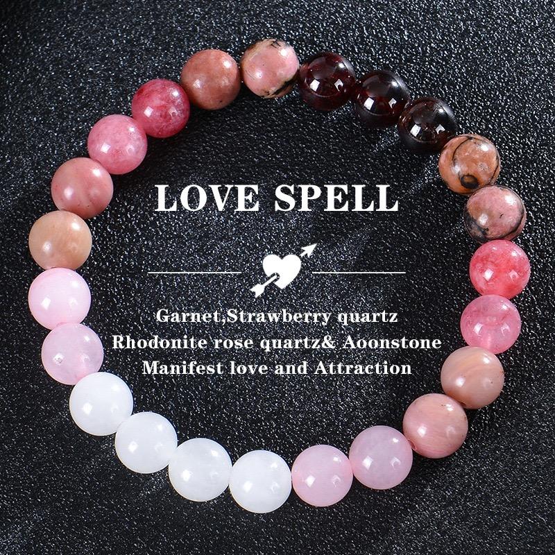 Love Spell Bracelet Garnet, Strawberry Quartz Rhodonite Rose Quartz & Aoonstone Natural Healing Crystal Gorgeous Stone Gemstone Jewelry Energy Love Girlfriend Boyfriend Souvenir Valentine Anniversary New Year Christmas Halloween Birthday Gift