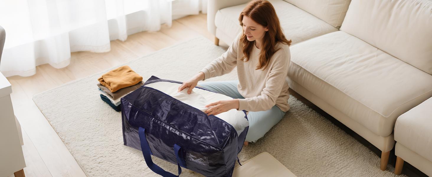 6 Pack Extra Large Heavy Duty Moving Bags with Reinforced Zipper & Wide Handles Moisture-Resistant Storage Bins Packing Cubes for Clothes College Dorm Travel and Home Organization Black Organiser