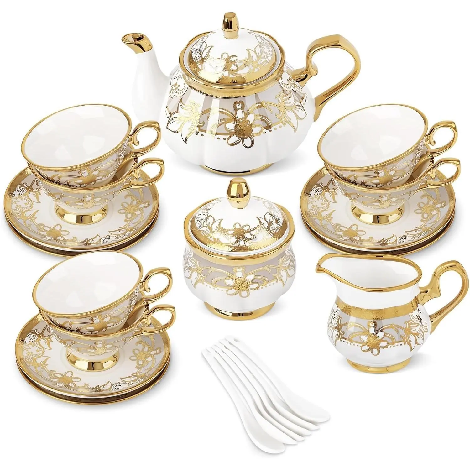 21 Pieces Porcelain Tea Set with Sugar Bowl Creamer, Cup and Saucers for 6, Royal Floral Tea Service with Gold Trim for Party Wedding Birthday Gifting, Coffee Set