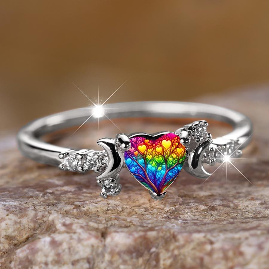 Rainbow Tree of Life Love Ring, featuring a design with double crescent moon and surrounded by broken diamonds, a niche and healing accessory with colorful love heart veins, symbolizing vitality and suitable as a gift jewelry, Bohemian Fashion Ring
