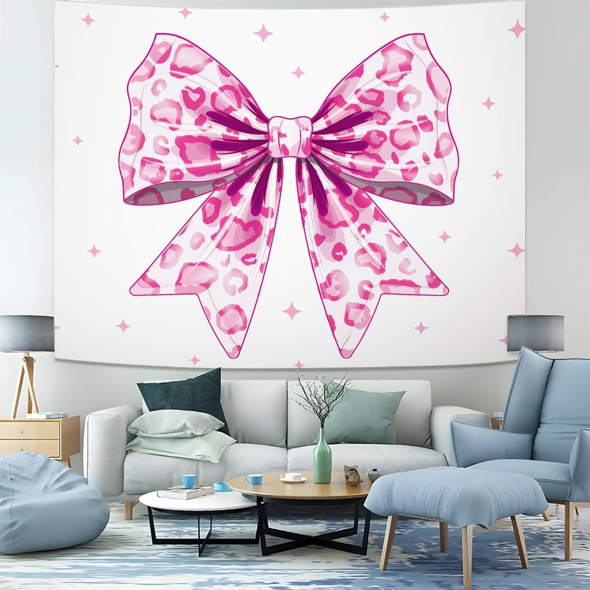 Pink Leopard Bow Tapestry, Cute Y2K Wall Hanging, Aesthetic Tapestries, Soft Wall Blanket, Girly Backdrop Decor for Girls Bedroom & Dorm Room