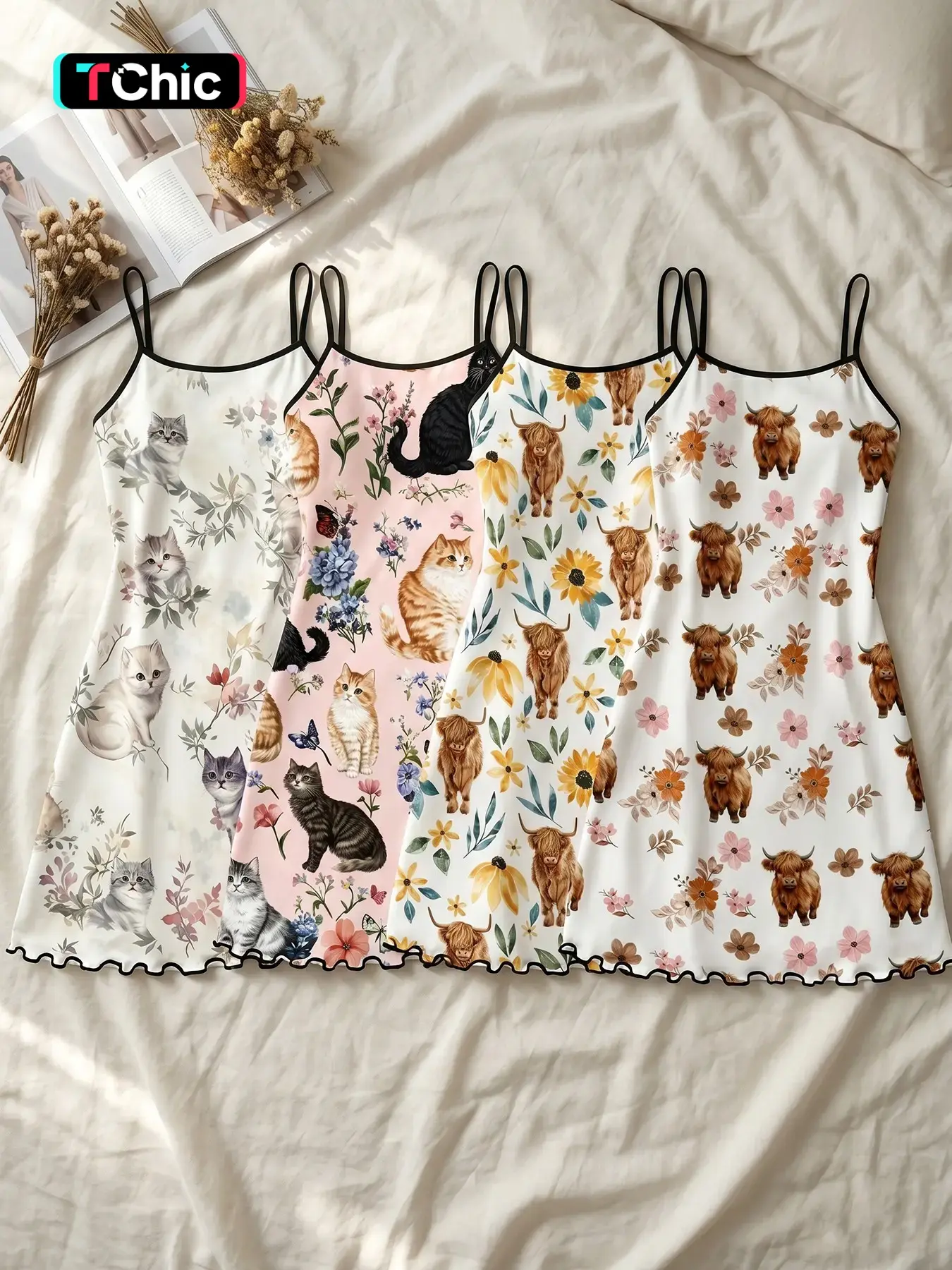 Women's 4 Pack Slip Nightgowns, All Season Wear, Nightwear, Cottagecore Cat Highland Cow Floral Ruffle Hem, Loose Breathable for Home & Casual