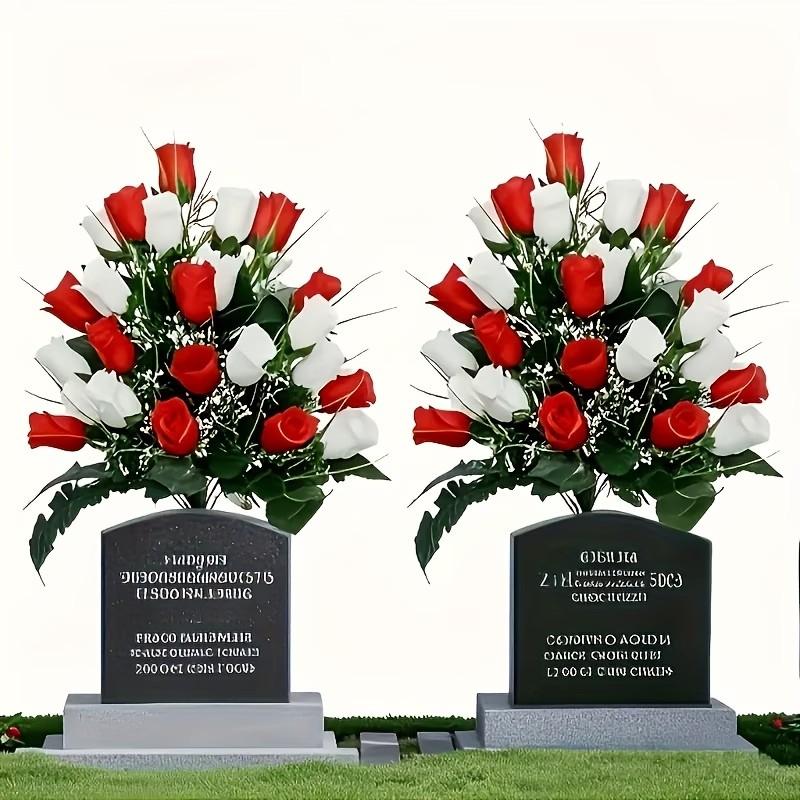 2 Artificial Cemetery Flowers, Roses with Leaves, Weatherproof Memorial Decor, No Maintenance, Outdoor Graveyard Decoration