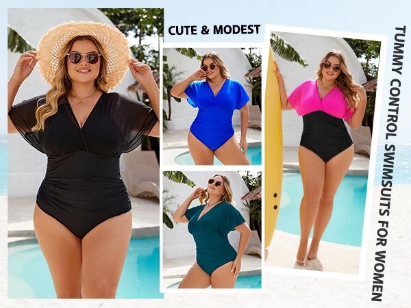 Blooming Jelly Plus Size Mesh V Neck Maternity Women's Tummy Control One Piece Swimsuit #SwimWeek #Summervibes