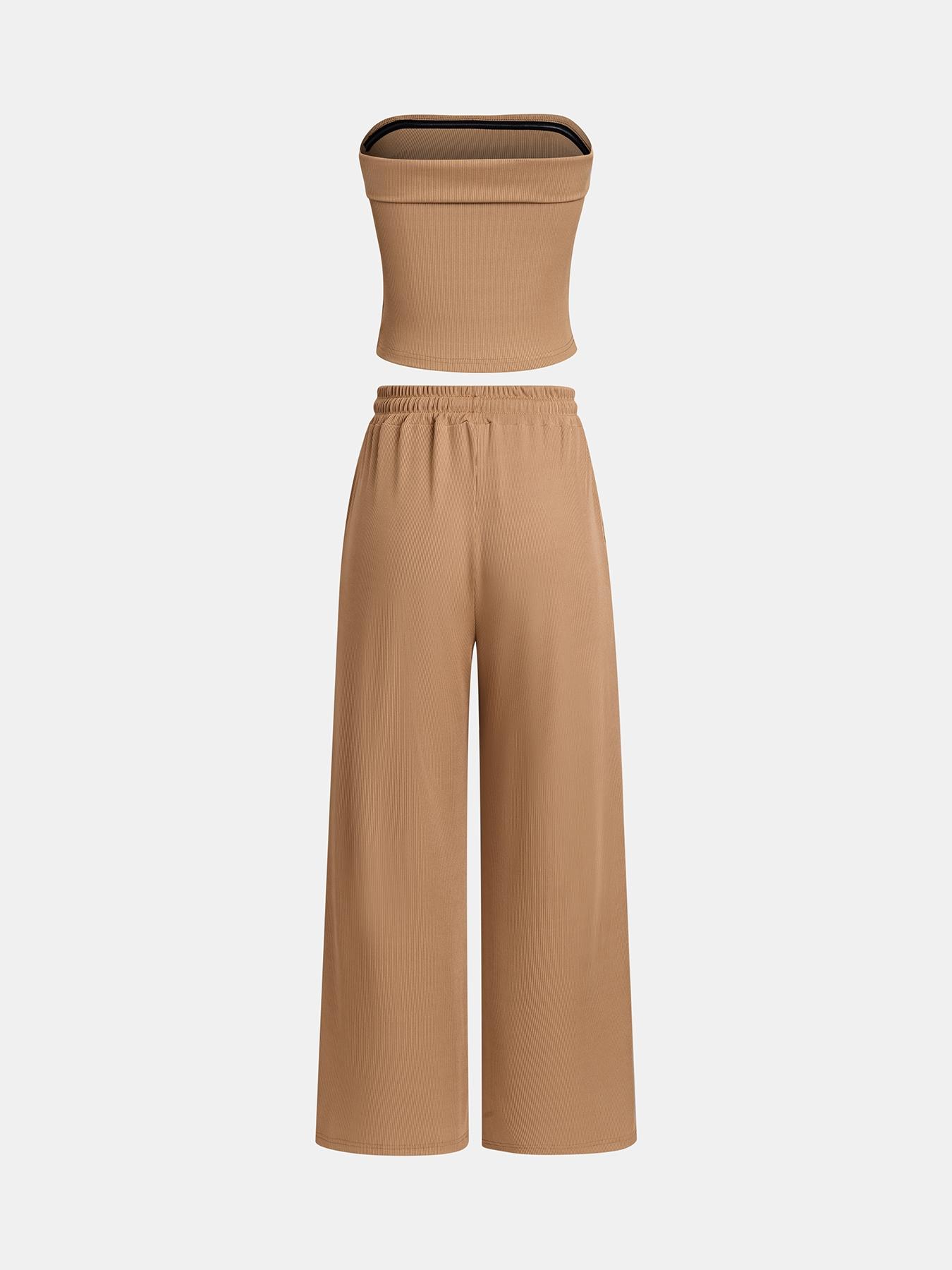 Womens Summer Outfits 2 Piece Sets Casual Clothes Ribbed Knit Crop Tube Top Wide Leg Pants Spring Matching Lounge Set