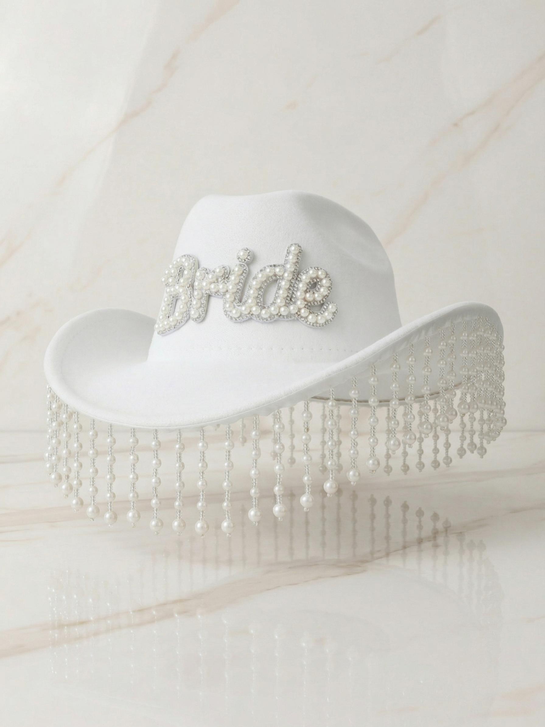 Pearl Fringe Bridal Cowboy Hat, Essential for Bachelorette Party Photos, Bride Letter Decoration, Western Style Wedding Accessory