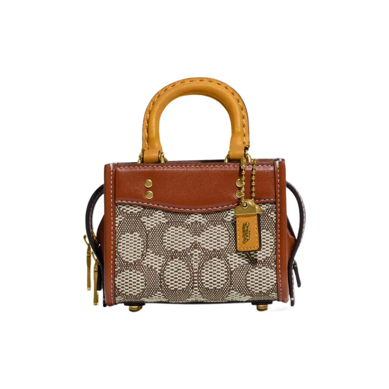 COACH Rogue 12 Mini Handbag for Women – Embroidered Logo Zip Closure, Jacquard and Leather, Brown