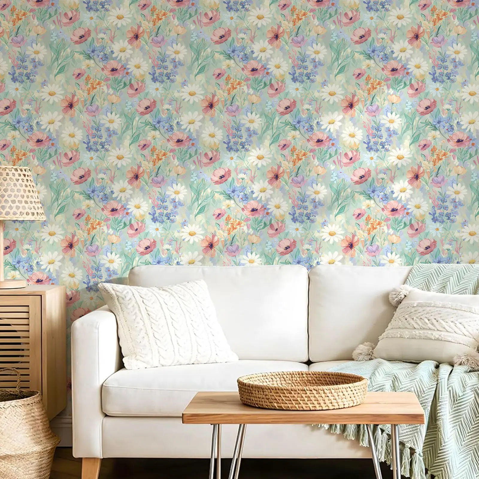 Morandi Floral Self-Adhesive Wall Stickers, Watercolor Daisy Poppy Vine Pattern, Vinyl Material, 44x300/500/1000cm, Bedroom, Closet, Entryway Wallpaper