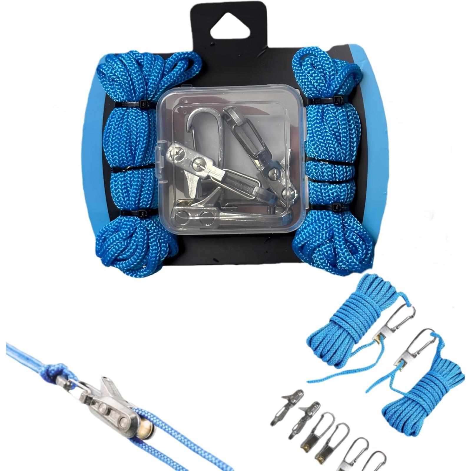 Rope with Roller Tensioner for Easy and Safe Bundling, 6-piece Rope Adjuster, Camping and Boating Tie-down Tool with Locking Buckle