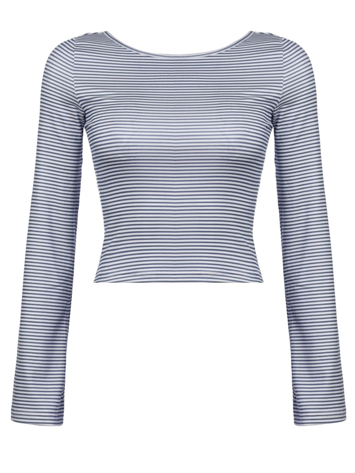 Women's Striped Print Backless Boat Neck Tee, Casual Slim-fitting Long Sleeve T-shirt for Daily Wear, Ladies Clothes for All Seasons Cropped Tees