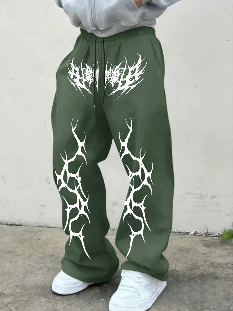 Men's Street Style Loose Fit Sports Pants, Athletics Pants, Gothic Thorn Crack Pattern Wide Leg Casual Trousers, Fall Fashion Kint Fabric