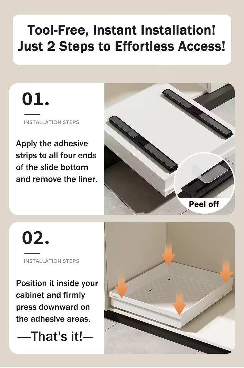 Space-Saving Sliding Storage Rack, Easy Setup Kitchen Bathroom Under Sink Cabinet Door Drawer Area, Compact Design Durable Structure