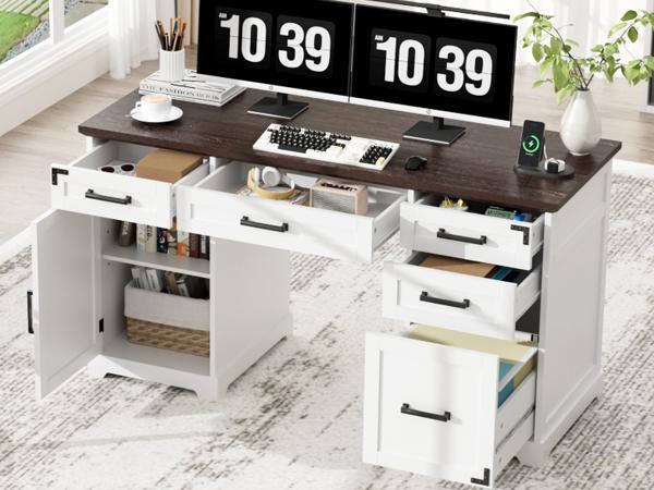 VOWNER 55" Farmhouse Executive Desk, Computer Desk with Drawers and Cabinet, Home Office Desk with Charging Station, Letter/A4 File Drawer, Wood Desk with Storage for Work Study Writing, White