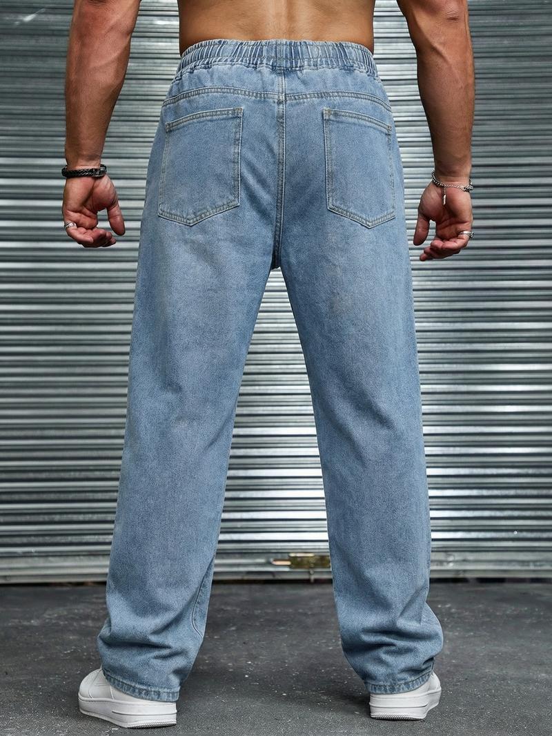 Men's drawstring elastic waist straight-leg jeans, non-stretchy denim long pants, comfortable straight-leg fit, suitable for daily casual wear, a must-have trendy men's long pants 🔥