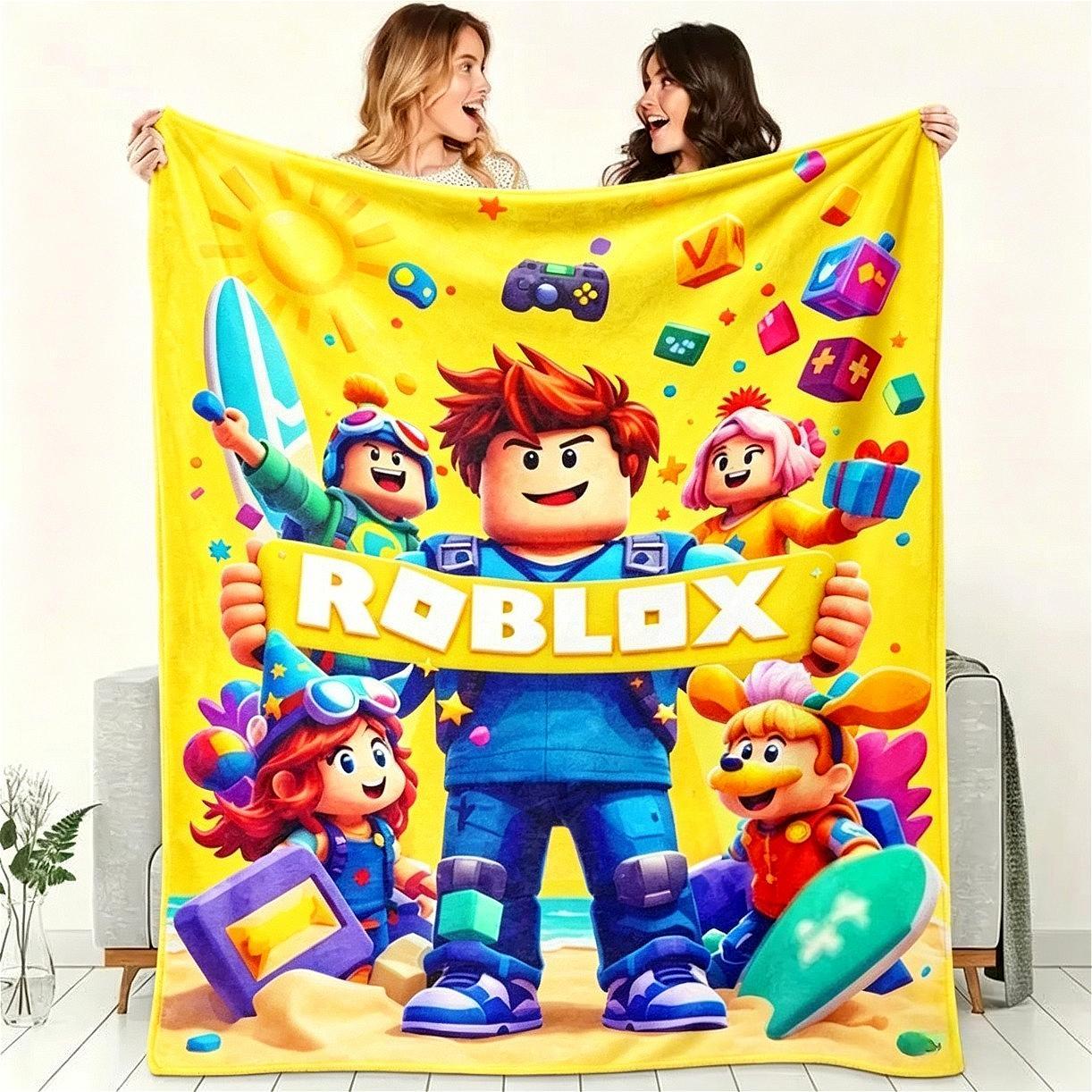 Roblox Gaming Flannel Blanket for Kids & Adults, Soft Breathable Block Design Cozy Throw Blanket, Ultra Warm Fleece Blanket for Bed Couch Sofa Game Room Dorm Decor, Gamer Birthday Graduation Christmas Holiday Gift for Boys Girls