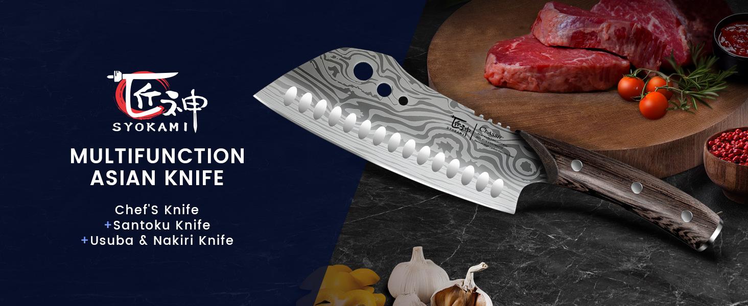【TikTokShopSpringGlowUp】 SYOKAMI3-in-1 Kitchen Knife with Herb Stripper, 7" Asian Knife Combined with Chef Knife, Santoku, Nakiri, Ideal for All-Around Food Preparation—Slicing, Chopping, Dicing, Mincing, Christmas, Mother's Day Gifts