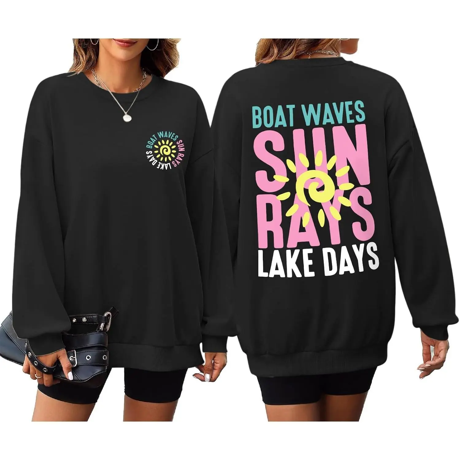 Boat Waves Sun Rays Lake Days Sweatshirt for Women Graphic Sweatshirts Vacation Pullover Boating Crewneck Tops