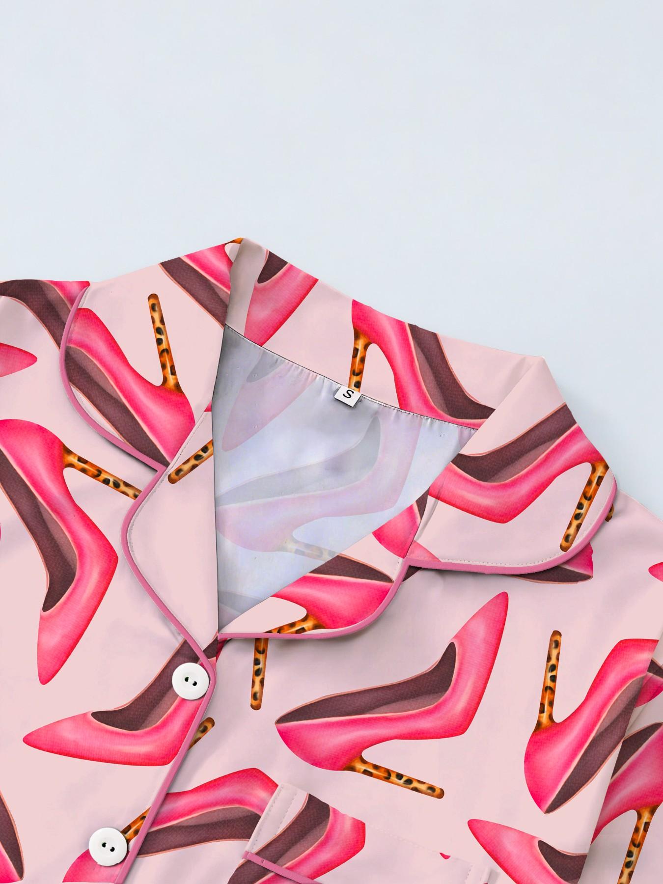 Women's Short Sleeve Button Down Top and Shorts Pajama Set, Spring Summer Wear, For Elegant Mature Ladies, Pink Muted High Heel Print, Classic Lapel Collar, Loose Draping Fit, Comfortable For Home & Office