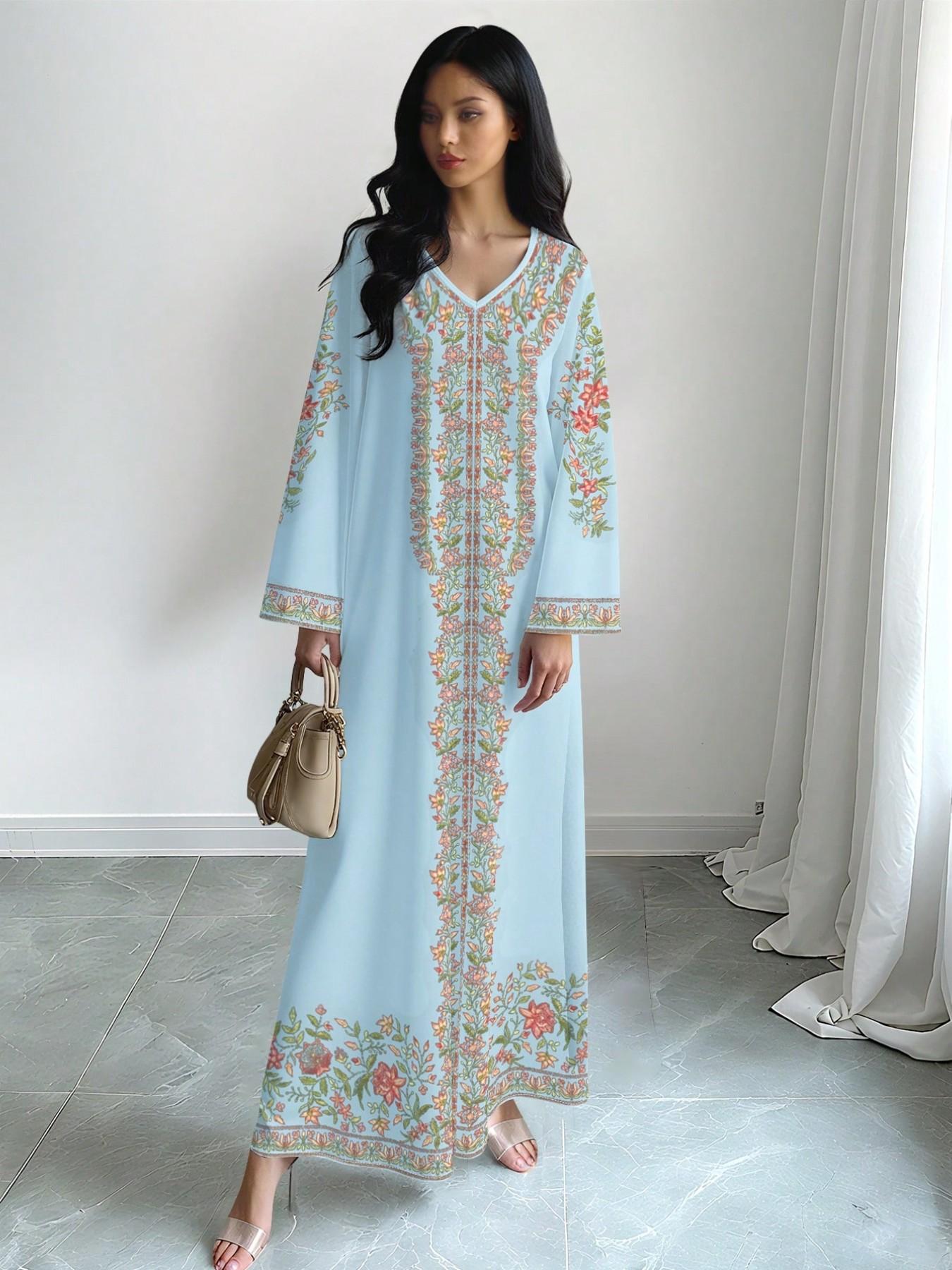 Elegant Muslim Long Dress for Women, Printed Abaya Robe, Floral Abaya, Formal Long Sleeve A-Line Dress, Stylish and Comfortable Islamic Fashion