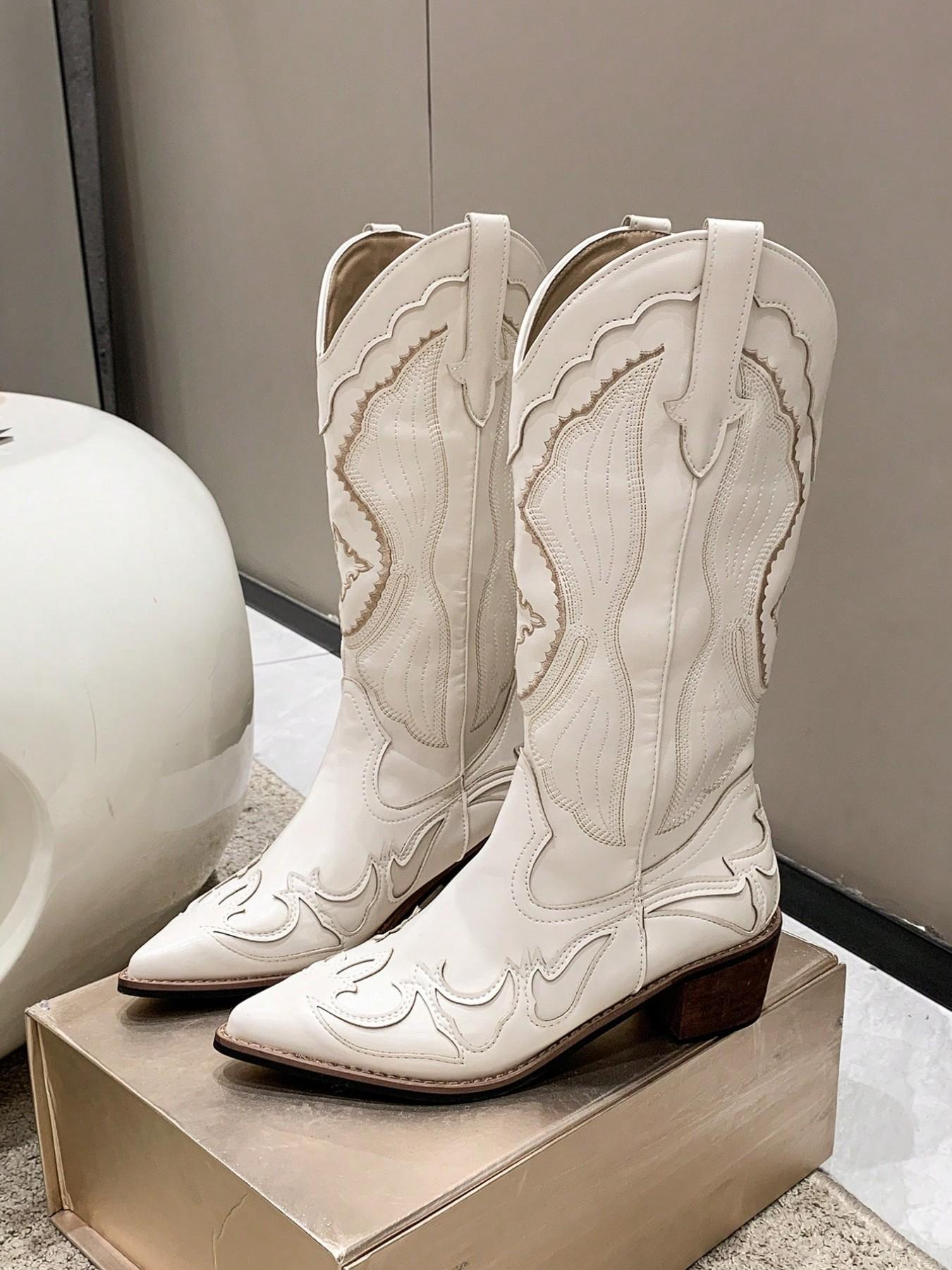 Women's Western Cowboy Boots 2026 New Pointed Toe Embroidered Tall Boot, Vintage Knight Boot, Thick Heel Mid Heel Long Boot, American V-Neck Horse Boot