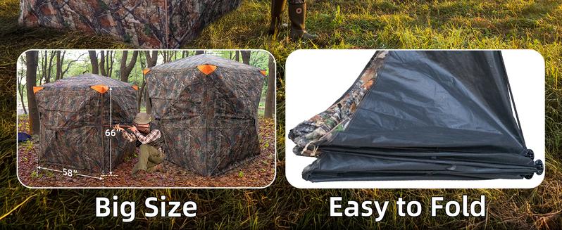 Hunting Blind with Chairs - 360° See Through Ground Blind with Floor Mat, 2-3 & 3-5 Person Pop Up Hunting Blind, Camouflage Carbon Fiber Holster for Deer & Turkey Hunting