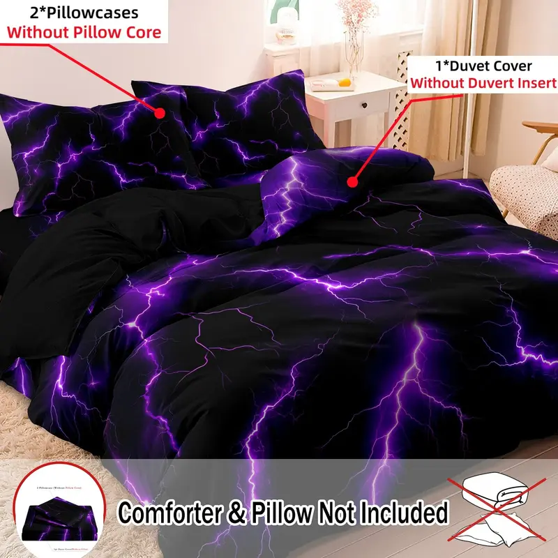 Lightning Print Duvet Cover Set, 3 Pcs/Set Including 1 Duvet Cover & 2 Pillowcases, No Filler Included, Soft Breathable Decorative Comfy Bedding Sets for Home & Dorm