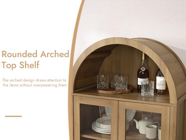 PieDle Furniture 71" Tall Arched Display Cabinet, 5-Tier Bookshelf Modern Farmhouse Arched Bookcase with Glass Doors and Shelves, Wooden Pantry Storage Cabinet for Living Room, Office and Kitchen