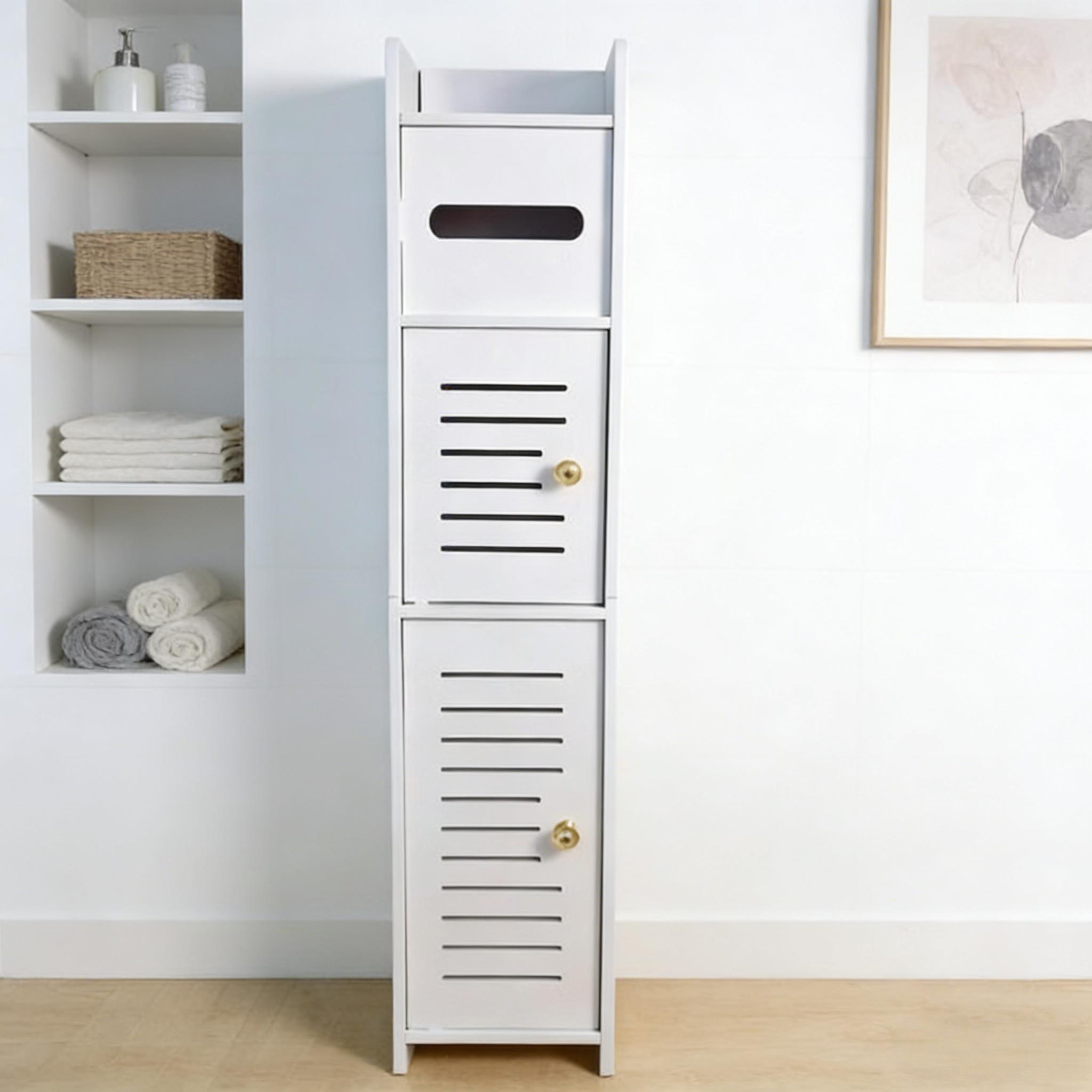 Narrow Bathroom Storage Cabinet with Door, Dust-Proof Top Flip Paper Holder, Minimalist Multi-Layer Design, Small Space Toilet Gap Shelf