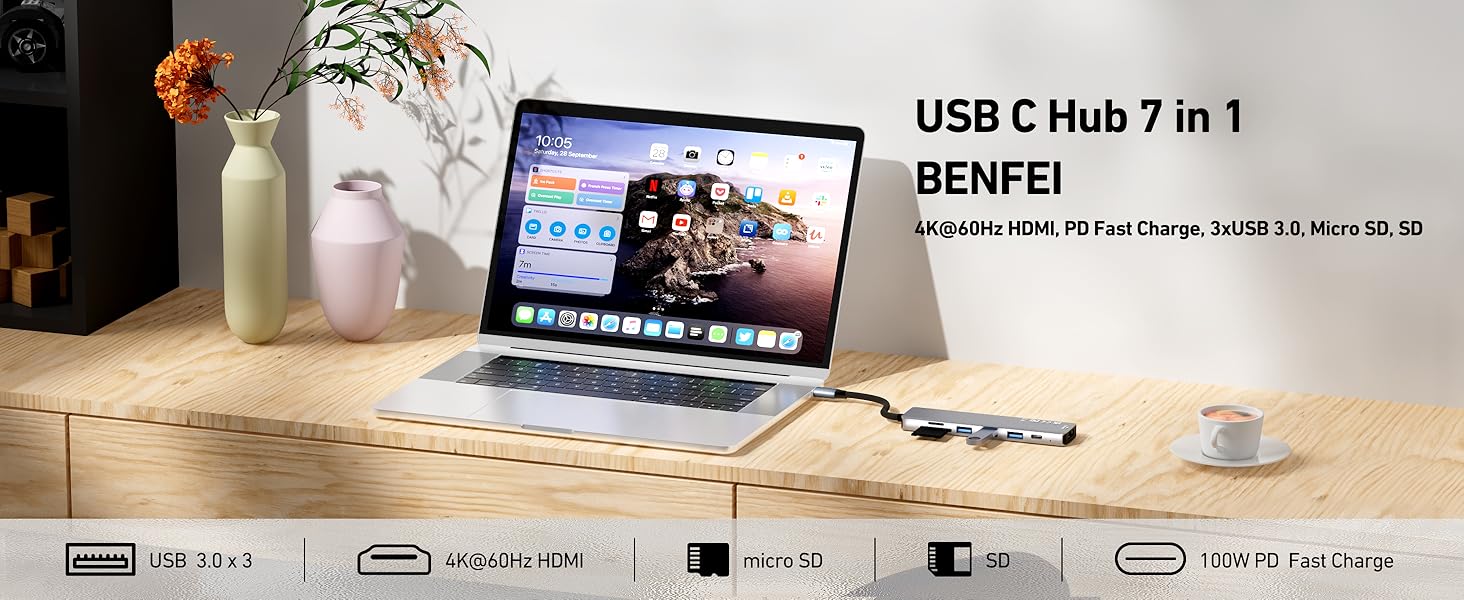 BENFEI 7 Port USB-C HUB with 4K HDMI, 100W Power Delivery, 3*USB 3.0, SD/TF Card Readere(160MB/s) BENFEI 7 Port USB-C HUB with 4K HDMI, 100W Power Delivery, 3*USB 3.0, SD/TF Card Readere(160MB/s)